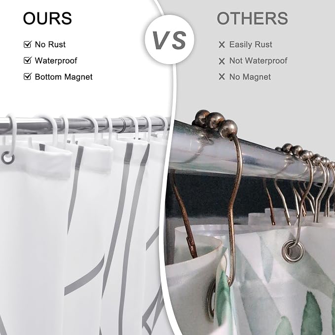 Striped Shower Curtain for Bathroom, Grey White, 60" W x 72" L | with Hooks, Modern Hotel Style, Water Repellent, Washable, Weighted Hem
