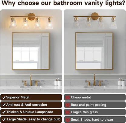 4-Light Bathroom Vanity Light, Painted Gold Bathroom Light Fixtures Over Mirror with Stripe Glass, Modern Wall Lamp, Wall Sconces Lighting for Living Room Bedroom Kitchen Hallway
