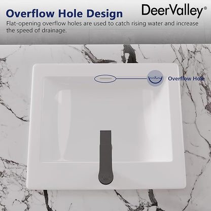 DeerValley Compact Rectangle Drop-In Sink 21x18 Inch, White Ceramic Bathroom Basin with Overflow Guard