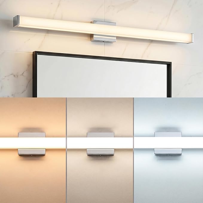 URSOLA 48" Modern LED Bathroom Light Fixtures, Chrome 3CCT Dimmable Bathroom Vanity Light Over Mirror, Bathroom Vanity Bath Bar Lights with Double Layer Acrylic Shade