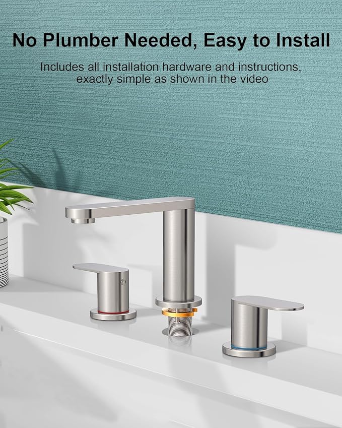 BWE Brushed Nickel Bathroom Faucet for Sink 3 Hole, Stainless Steel Widespread Bathroom Faucets with Pop-up Drain and Supply Lines, 360° Swivel Spout 2-Handle Bathroom Sink Faucet for Bath Vanity