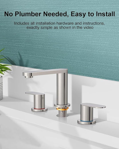 BWE Brushed Nickel Bathroom Faucet for Sink 3 Hole, Stainless Steel Widespread Bathroom Faucets with Pop-up Drain and Supply Lines, 360° Swivel Spout 2-Handle Bathroom Sink Faucet for Bath Vanity