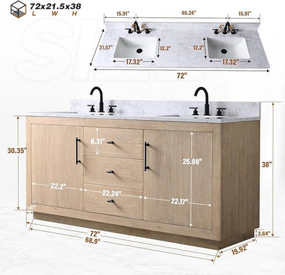 Vanity Art 72 inch Double Sink Bathroom Vanity, Vanity Cabinet with Doors and Shelf, Modern Wood Bathroom Vanity with White Marble Top, Solid Wood Frame, 3 Functioning Drawers,VA70-72-DLW-E