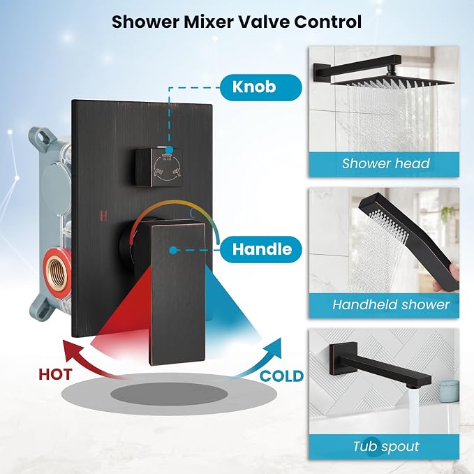 gotonovo Bathtub Shower Faucet Set, 12 Inch Shower Head, Oil Rubbed Bronze | Wall Mounted Shower System with Tub Spout for Bathroom, Square High Pressure Rain Shower head with Handheld Spray, All Metal