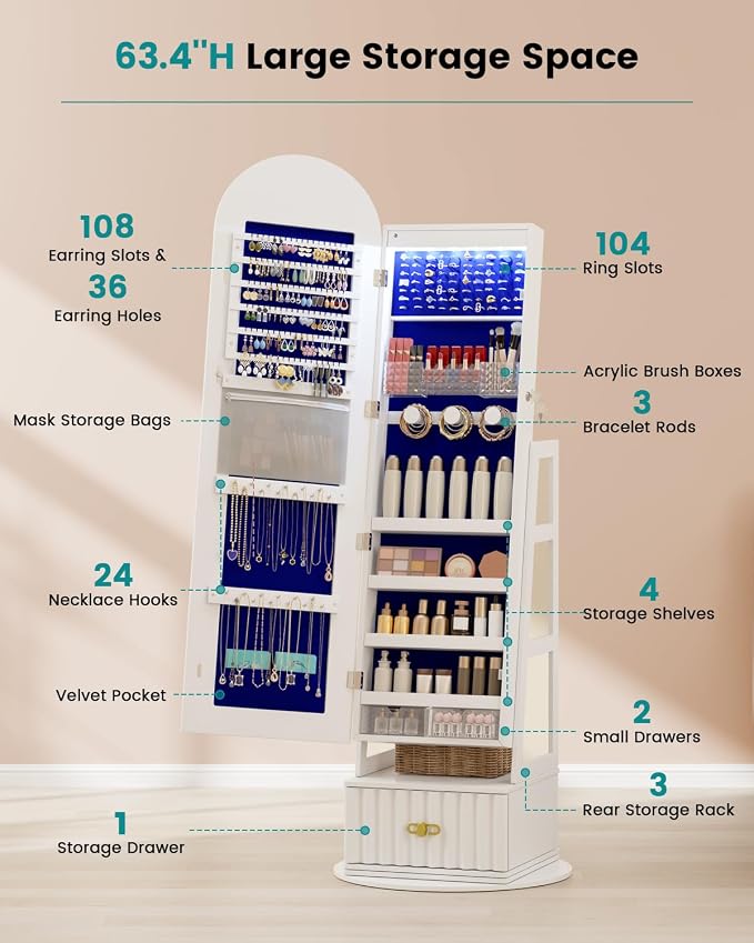 Vlsrka Arched LED Mirror Jewelry Cabinet with Full Length Mirror, White | Lockable Jewelry Armoire Cabinet, 360° Swivel Jewelry Organizer with Drawer Storage, Foldable Makeup Shelf, 2 Rear Hooks