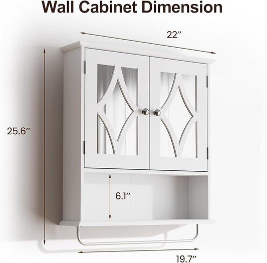 RoyalCraft Bathroom Wall Cabinet with Mirror, Over the Toilet Storage Cabinet with Towel Rack and Adjustable Shelf, Large Bathroom Medicine Cabinet Wall Mount 22x25 inch (White)