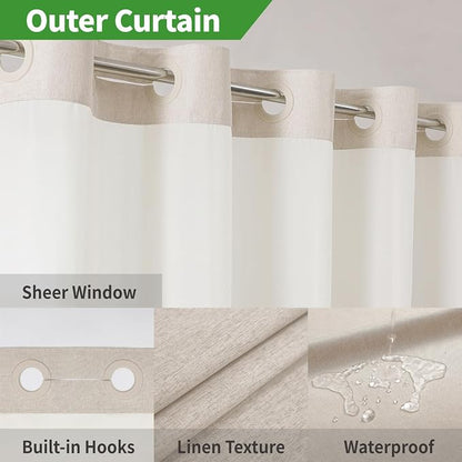 eachope No Hook Linen Texture Shower Curtain with Snap-in Liner,71x92 Cream | Extra Long,230GSM Thick Fabric,Hotel Luxury Decor,Mesh Top Window,Bottom Magnetic,Waterproof & Machine Washable,for Bathroom