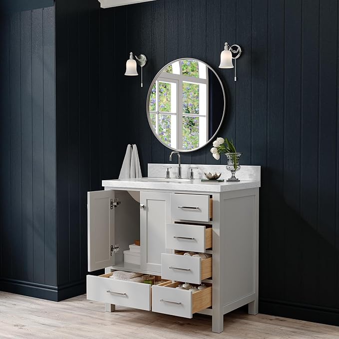 ARIEL Cambridge 36-inch Bathroom Vanity with Sink,Solid Wood, 1.5-inch Italian Carrara Marble Countertop & Backsplash, Single Oval Porcelain Sink, 2 Soft Closing Doors, 5 Dovetail Drawers, Grey