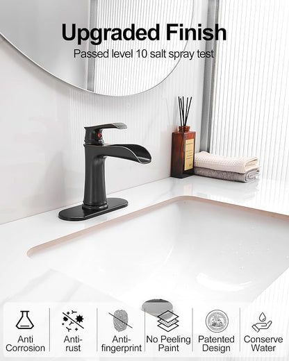 Brass Waterfall Faucet, Oil Rubbed Bronze Bathroom Faucet, 4 Inch Bathroom Sink Faucet 1 Hole or 3 Holes, 1 Handle Bathroom Faucets with Pop Up Drain Deck Plate Supply Hose for Antique Farmhouse