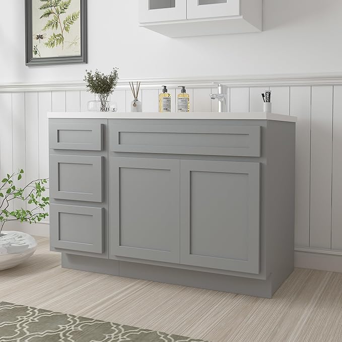 Vanity Art 54 inch Bathroom Vanity with Double Shutter Door, Gray Bathroom Vanity Cabinet with Soft Closing Shaker Drawer, Sturdy Floor Mounted Storage Cabinet Organizer for BathroomVA4039 & VA4015-3