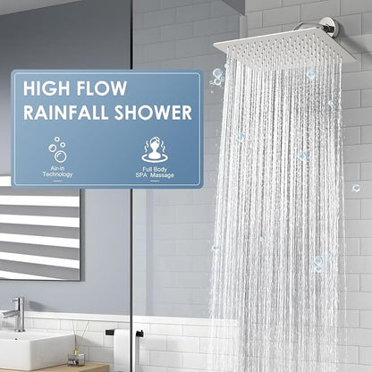 12x8 Inch Rectangle Rain Shower Head Chrome, All Metal Stainless Steel 304, Full Body Rainfall Shower with 112 Silicone Nozzles, Ceiling Rain Showerheads