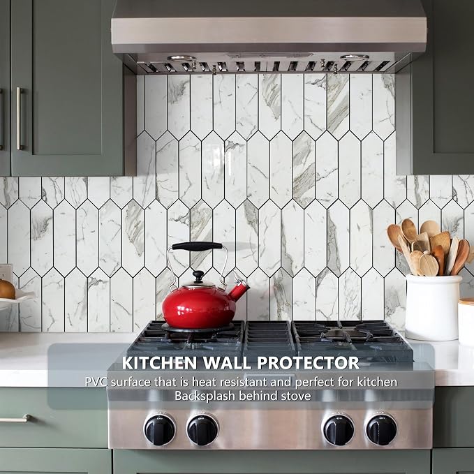Vamos Tile Glossy Carrara White Backsplash Tile Peel and Stick, 12.8 x 12.8 Inch 10 Sheets Long Hexagon PVC Self Adhesive Mosaic Wall Tiles Stick on Backsplash for Kitchen and Bathroom