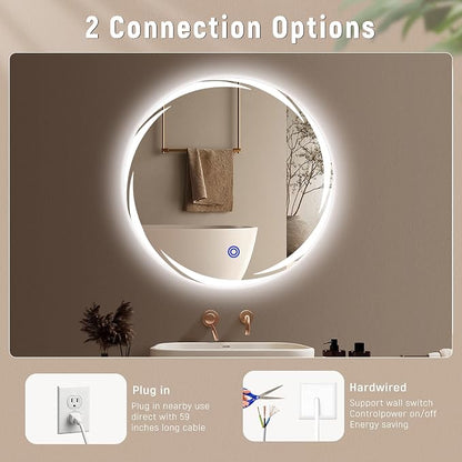 Bathroom Smart Mirrors with Three Color LED Lights,24”x24 Bath Round Mirror,Backlit + Front Lit Temperature Brightness Settings-Wall Mounted Lighted Bathroom Vanity Mirror