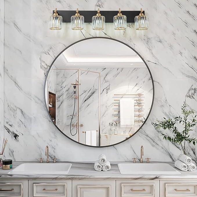 Modern Crystal Bathroom Vanity Lights, Black Gold 5-Lights Bathroom Light Fixtures Over Mirror, Crystal Wall Lighting with Polished Gold Finish(Exclude Bulb)