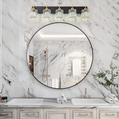 Modern Crystal Bathroom Vanity Lights, Black Gold 5-Lights Bathroom Light Fixtures Over Mirror, Crystal Wall Lighting with Polished Gold Finish(Exclude Bulb)