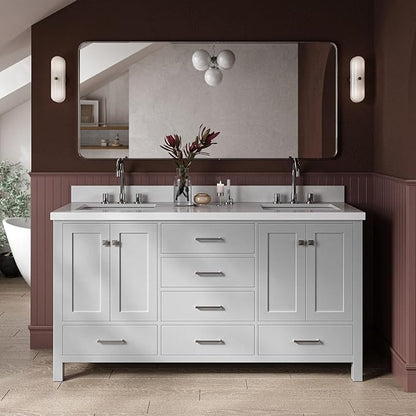 ARIEL Cambridge 66-inch Bathroom Vanity with Sink,Solid Wood, 1.5-inch Pure White Quartz Countertop & Backsplash, Double Rectangular Porcelain Sink, 4 Soft Closing Doors, 6 Dovetail Drawers, Grey