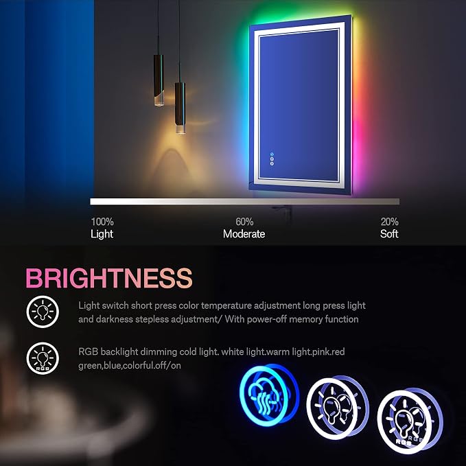30x36 Inch RGB LED Bathroom Mirror with Lights | Front and RGB Backlit, Dimmable, Memory, Anti Fog, Shatterproof, Horizontal/Vertical, Lighted Mirrors for Bathroom Wall
