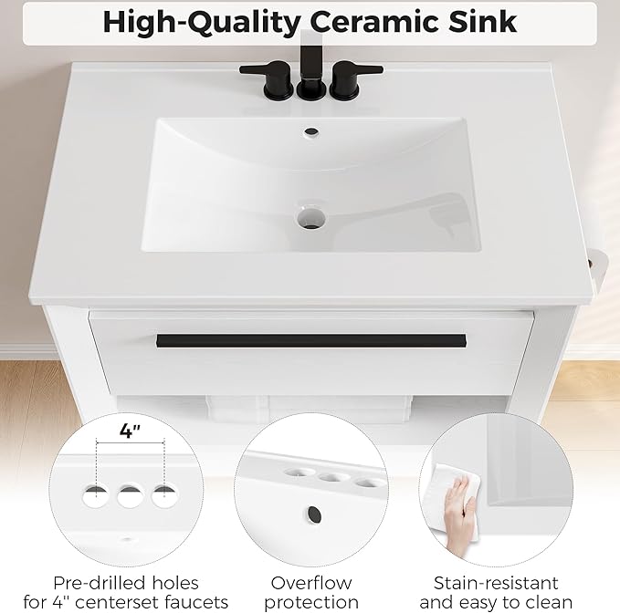 IRONCK 30" Bathroom Vanity with Sink, Wall Mounted Bathroom Vanity with 1 Drawer ＆ 1 Open Shelf, Modern Floating Bathroom Sink Cabinet with Undermount Ceramic Sink, Easy Assembly, White