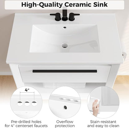 IRONCK 30" Bathroom Vanity with Sink, Wall Mounted Bathroom Vanity with 1 Drawer ＆ 1 Open Shelf, Modern Floating Bathroom Sink Cabinet with Undermount Ceramic Sink, Easy Assembly, White