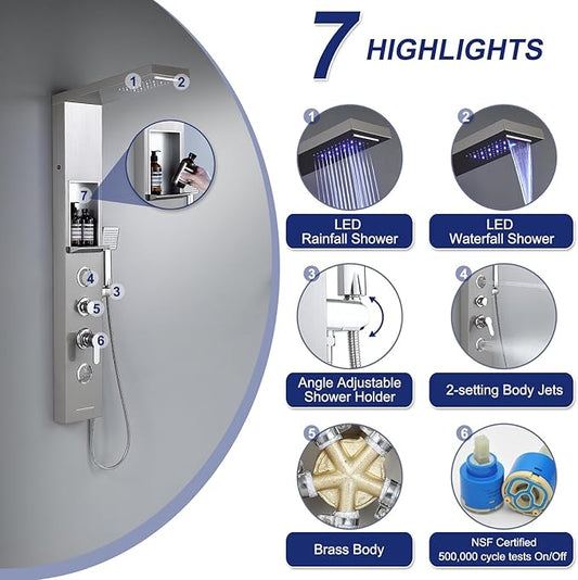 ROVATE LED Rainfall Waterfall Shower Panel Tower System with Shelf, Brushed Shower Column Stainless Steel with Powerful Mist and Massage Body Jets, Handheld, Waterfall Tub Spout