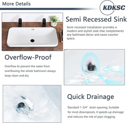 Bathroom Vessel Sink 31.5" X 16.5" Semi Recessed Bathroom Sink Rectangular Drop In Bathroom Sinks with Overflow White Ceramic Vessel Sinks for Bathroom Modern Above Counter Basin Vanity Sink