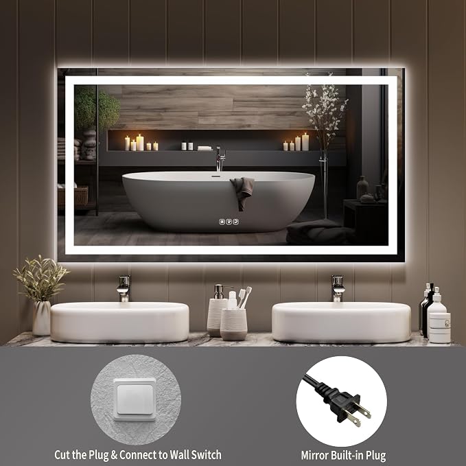 LED Bathroom Mirror 50 x 28 inch, Lighted Bathroom Vanity Mirror with Front Light and Backlit Ambient LED, Frameless Wall Mounted Mirror with Adjustable Color Temperature