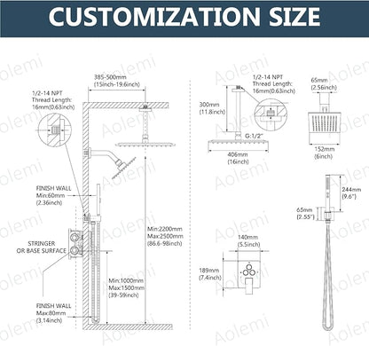 Aolemi Ceiling Shower Faucet Set System Dual Head 16&6 Inch Brushed Gold | 2 in 1 Handheld Spray,Shower Valve and Trim Kit,Push Button Diverter, 16"Top+6" Wall Rain Head,Bathroom Mixer for Couple