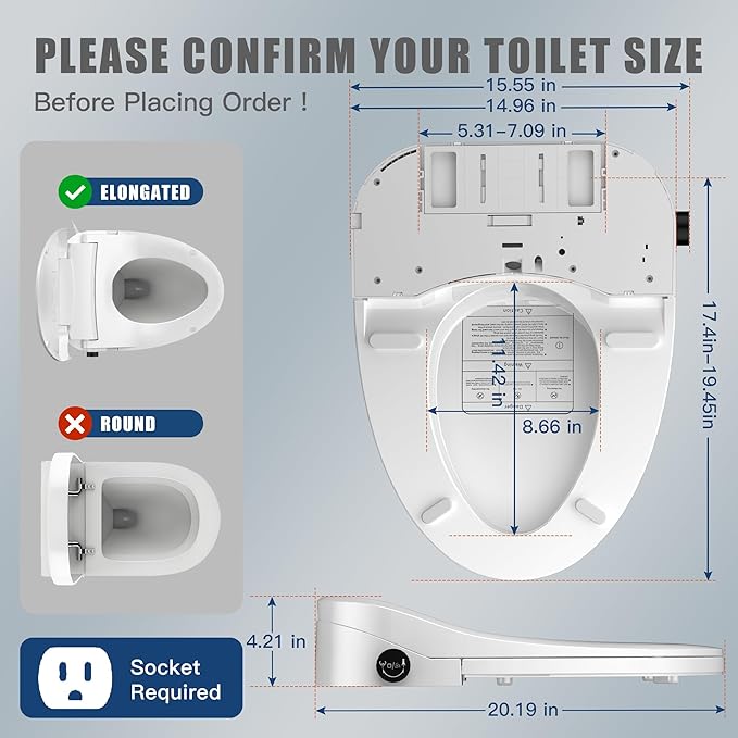 Electric Bidet Toilet Seat Heated Elongated, Smart Bidet Toilet Seat Instant Warm Water & Dryer,Adjustable Water Pressure,Self-Clean Nozzle,Night Light,Slow Close,For Men Women & Child