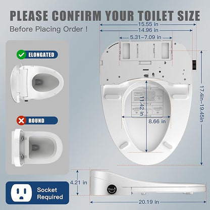 Electric Bidet Toilet Seat Heated Elongated, Smart Bidet Toilet Seat Instant Warm Water & Dryer,Adjustable Water Pressure,Self-Clean Nozzle,Night Light,Slow Close,For Men Women & Child