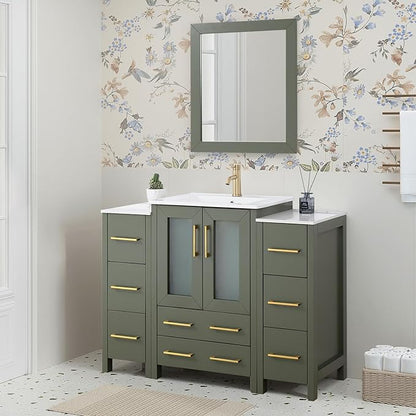 HOMEBEYOND 48 Inch Modern Bathroom Vanity with Sink & Mirror, Single Vanity Cabinet with Basin and Mirror, Dove-Tailed Drawers, Soft-Closing Doors, Wood, Vintage Green