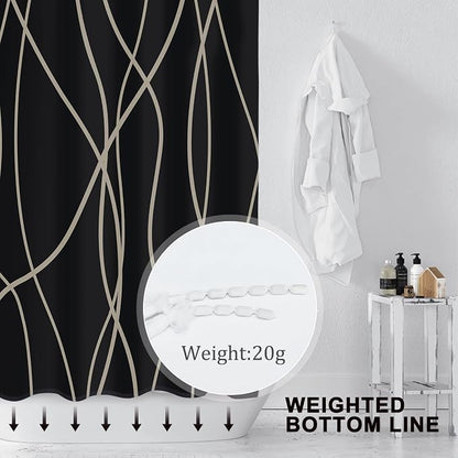 Striped Shower Curtain for Bathroom, Black Brown, 72" W x 72" L | with Hooks, Modern Hotel Style, Water Repellent, Washable, Weighted Hem