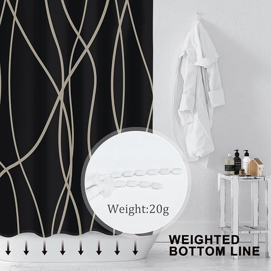 Striped Shower Curtain for Bathroom, Black Brown, 72" W x 72" L | with Hooks, Modern Hotel Style, Water Repellent, Washable, Weighted Hem