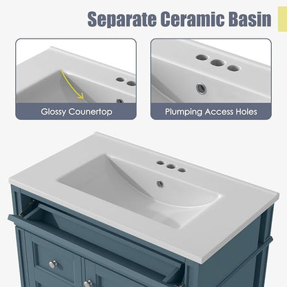 Merax 30 Inch Bathroom Vanity with Ceramic Sink, Solid Wood Frame Modern Bathroom Sink Storage Cabinet with 2 Drawers and a Tip-Out Drawer, Single Sink Bathroom Vanities, Indigo