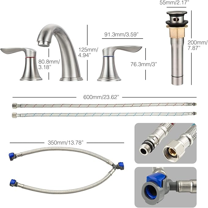 Bathroom Faucet, 8 Inch Bathroom Faucets for Sink 3 Hole, Widespread Brushed Nickel Bathroom Faucet with Pop up Drain and cUPC Lead-Free Hose (Brushed Nickel)