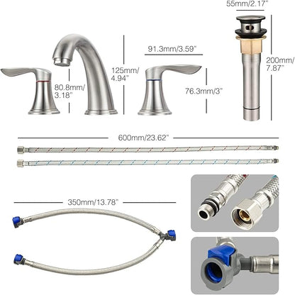Bathroom Faucet, 8 Inch Bathroom Faucets for Sink 3 Hole, Widespread Brushed Nickel Bathroom Faucet with Pop up Drain and cUPC Lead-Free Hose (Brushed Nickel)