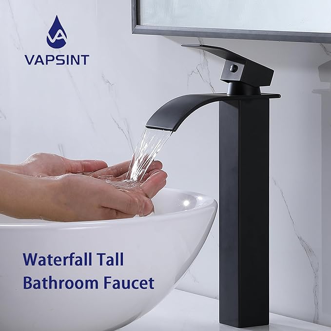 VAPSINT Vessel Sink Faucet, Matte Black Waterfall Tall Bathroom Faucet 1 Hole, Modern Single Handle Stainless Steel Bathroom Sink Faucet with Water Supply Lines & Pop Up Drain