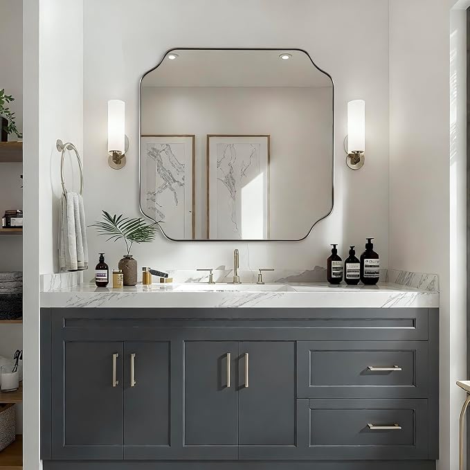 30"x30" Brushed Nickel Square Mirror, Silver Bathroom Mirror for Over Sink, Modern Scallop Mirror in Anti-Rust Stainless Steel Frame, Unique Notched Corner Design, Ideal for Home Remodel