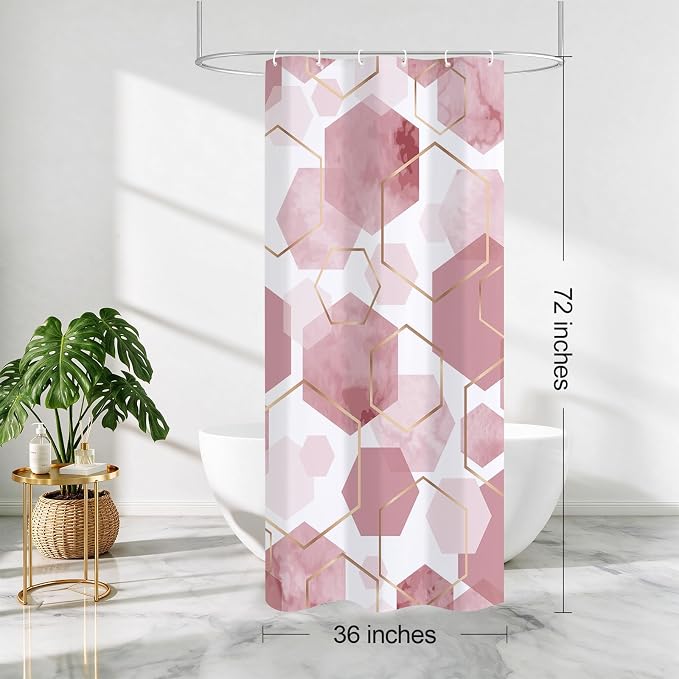 Litabel Small Stall Shower Curtain Set, Geometric Bathroom Decor 36x72 | Narrow Half Modern Minimalist Shower Curtais, Pink Geometric Art Print Abstract Waterproof Bath Curtain