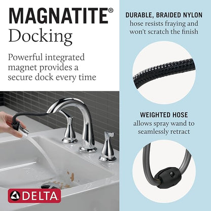 Delta Broadmoor Chrome Bathroom Faucet with Sprayer, 8 Inch 3 Hole Widespread Bathroom Sink Faucet with Pull Out Sprayer, Push-Pop Drain, Chrome 35765LF-PD