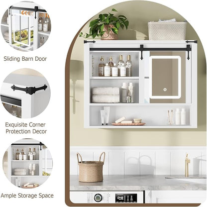 QUW 31" Farmhouse Bathroom Wall Cabinet, Bathroom Medicine Cabinets with Mirror, Over Toilet Wall Storage Cabinet, 3 Lighting Modes, Adjustable Brightness, Jewelry Holder, Sliding Door, White