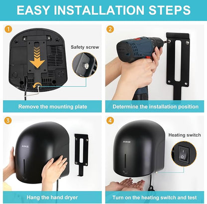 AIKE GentleAir Warm Hand Dryer,Low Noise for Home Bathroom,Midnight Black | GentleAir Warm Dry,Plug-in Easy Install and Low Noise Experience for Home Bathroom,Smart and Sophisticated ABS Look,AK2637