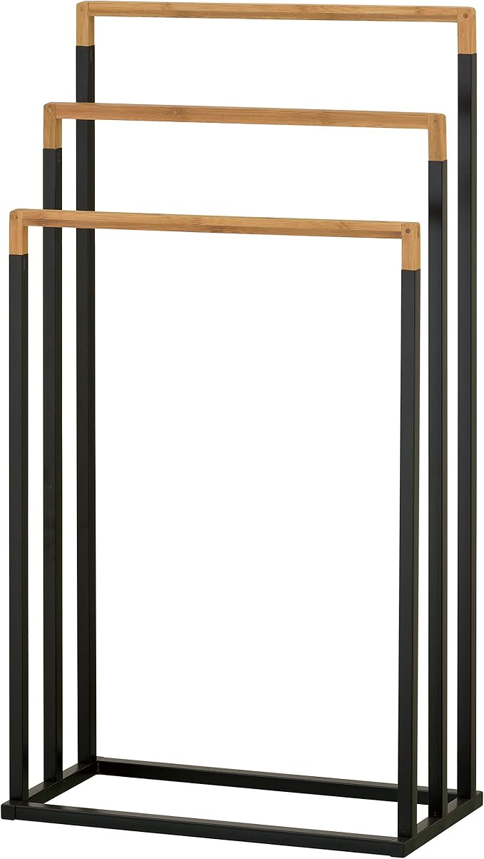 MyGift 33 Inch Standing Towel Rack, Freestanding Bath Towel Holder with 3 Tier Bamboo Wood Bar and Black Chrome Plated Metal, Drying Rack Stand for Bathroom, Laundry