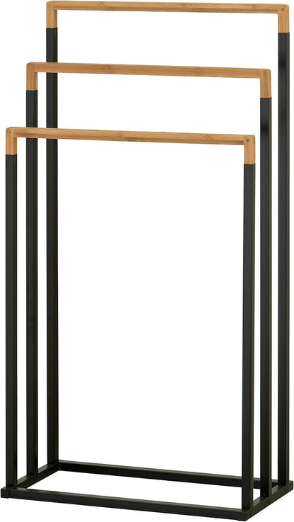MyGift 33 Inch Standing Towel Rack, Freestanding Bath Towel Holder with 3 Tier Bamboo Wood Bar and Black Chrome Plated Metal, Drying Rack Stand for Bathroom, Laundry