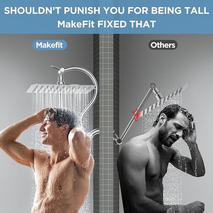 MakeFit All Metal Shower Head Combo with Handheld, 10" Square Rainfall Shower Head with Curved Extension Arm, Adjustable Dual Shower Heads with 71" Extra Long Hose, Chrome