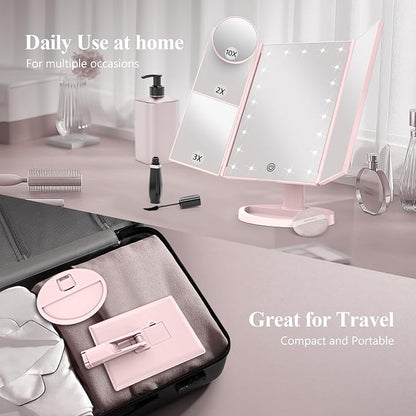HUONUL 2X/3X/10X Magnifying Vanity Mirror with Light, Trifold Makeup Mirror | Touch Dimming, Dual Power, Clear View for Makeup, Skincare. Dorm Room Essentials. Birthday Gifts for Women, Mom, Wife, Girls