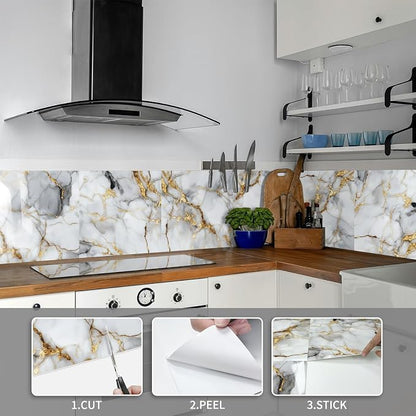 10 Sheets Marble Peel and Stick Backsplash Tile, 12"x12" Waterproof PVC Self Adhesive Tile Shower Wall Panels for Bathroom, Kitchen, Living Room (Metallic White)