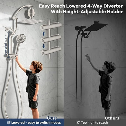 Hibbent 10'' Dual-Filter Metal Showerhead &10-Mode Handheld, Brushed Nickel | All Metal Stainless Steel Rain Showerhead, 4-way Diverter, Heightened All Metal Extension Arm, 71'' Hose & Holder, Easy Reach