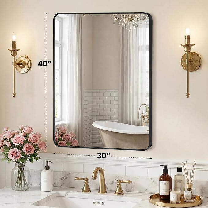 NEWBULIG Bathroom Mirror 30X40 Inch, Vanity Mirror for Wall | Rectangle Rounded Corners, Metal Frame Over Sink, Entryway Bedroom Hang, Horizontal or Vertical, Black