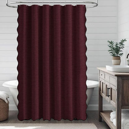 BTTN Boho Scalloped Linen Textured Cloth Shower Curtain, 72x84, Burgundy | Tall Size, 230GSM Waterproof Polyester, Heavy Duty Fabric, 12 Plastic Hooks, Elegant Modern Farmhouse Style, Machine Washable