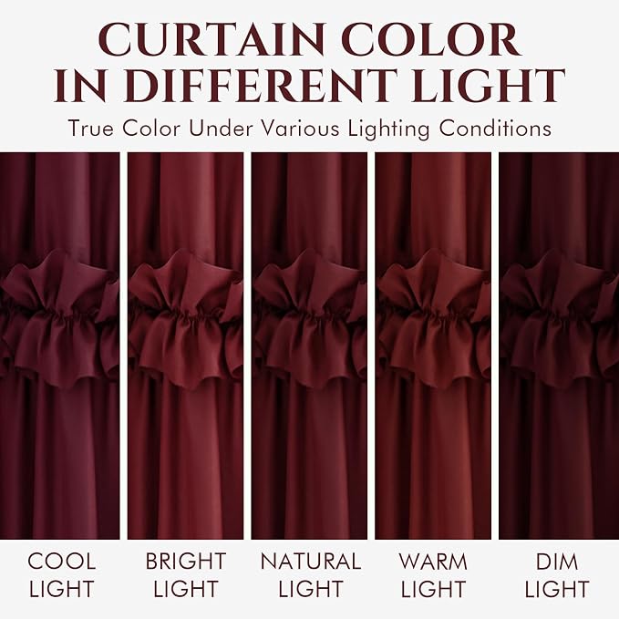 LIPA Boho Rustic Burgundy Ruffle Shower Curtain 72x72 Inches | Farmhouse Shower Curtains for Bathroom,Water‑Resistant Fabric Shower Curtain,Bohemian Bathroom Decor